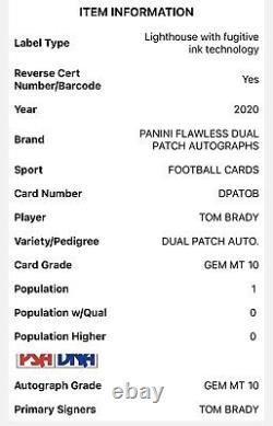 2020 Panini Flawless Tom Brady 6/10 Dual Patch Auto Game Worn Material PSA 10