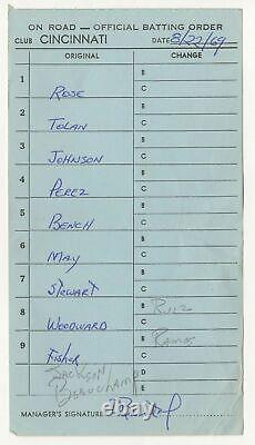 8/22 1969 Cincinnati Reds Game Used Lineup Card vs. Pirates Signed by Manager