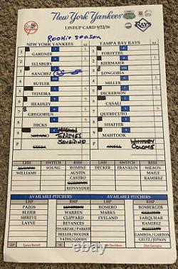 Gary Sanchez Signed Game Used NY Yankees Lineup Card 9/22/16 Steiner / MLB