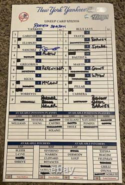 Gary Sanchez Signed Game Used NY Yankees Lineup Card 9/23/16 Steiner / MLB