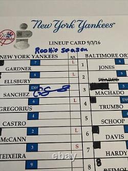 Gary Sanchez Signed Game Used NY Yankees Lineup Card 9/3/16 Steiner / MLB