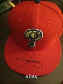 Jimmy Rollins 2012 Game Used Signed Camo Cap Phillies Memorial Day 4th July