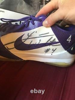 Luke Walton autographed game used Kobes. Purple/White. Embroidered #4 + Walton