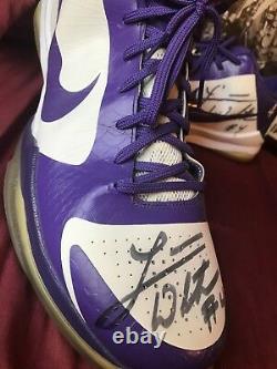 Luke Walton autographed game used Kobes. Purple/White. Embroidered #4 + Walton