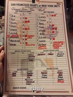 Mets vs Giants Game Used Lineup Card MLB 5/8/17 Pence Posey Degrom Signed Bochy