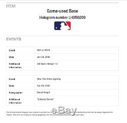 New York Mets David Wright Game Used Signed Shea Stadium Base vs Yankees