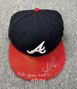 Ozzie Albies Atlanta Braves Game Used Hat 2021 44/35 Patches Signed LOA