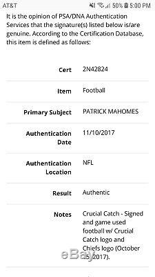 Patrick Mahomes Game Used NFL PSA Football Chiefs Auto Signed Rookie Season 2017