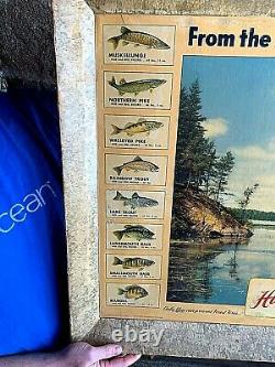 Vintage 1954 Hamms Beer Fish Game Wildlife Record Sign Hunting Fishing 33x26
