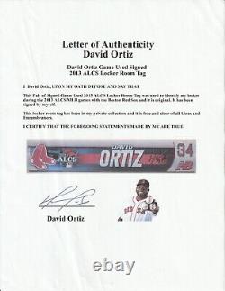 2013 Étiquette de casier David Ortiz utilisée lors du match signée des Boston Red Sox ALCS (Ortiz LOA)