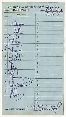 8/24 1969 Cincinnati Reds Jeu Used Lineup Card Vs Pirates Signé Par Manager