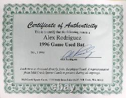 Alex Rodriguez Autographié 1996 Jeu D'occasion Bat De Luge Signé Cert 212484