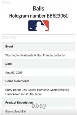 Barry Bonds Signé Jeu Utilisé Record Hr 756 Baseball Passe De Baseball Hank Aaron Babe Ruth