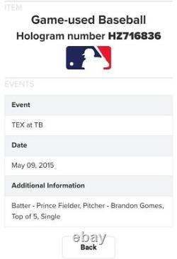 Baseball utilisé et signé par Prince Fielder, avec un coup simple, certifié par MLB et Beckett Holo.