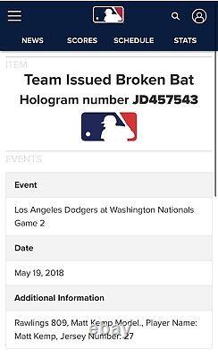 Batte utilisée par Matt Kemp des Los Angeles Dodgers en 2018 signée MLB Auth