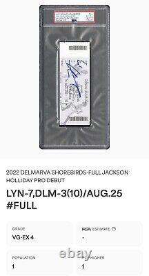 Billet Pro Debut Jackson Holliday 2023 utilisé lors du match, signé en entier, avec certification PSA COA - Pop 2