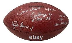 Brett Favre a signé le ballon de football utilisé lors du match des Minnesota Vikings en 2010, avec des statistiques inscrites, certifié par la PSA.