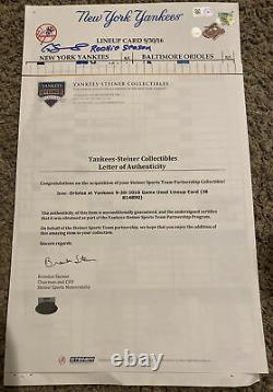 Gary Sanchez Signé Jeu Utilisé Ny Yankees Lineup Card 9/30/16 Steiner / Mlb