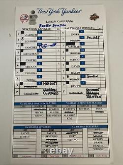 Gary Sanchez Signé Jeu Utilisé Ny Yankees Lineup Card 9/3/16 Steiner / Mlb