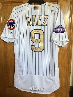 Javier Baez Signé Chicago Cubs Jeu Utilisé Or Jersey Bannière Raising Journée D'ouverture