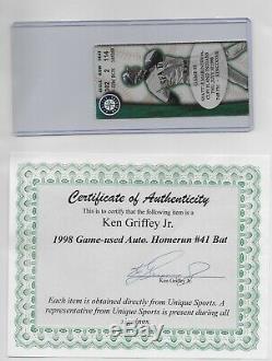 Ken Griffey Jr. 1998 Jeu Utilisé Autographié Home Run # 41 Mlb Bat Psa Gu 10 Jr Loa