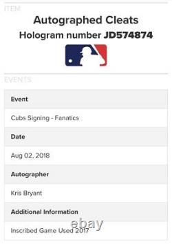 Kris Bryant Chicago Cubs Jeu Utilisé Cleats 2017 Excellente Utilisation Signé Loa