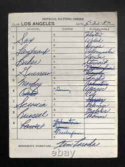 Los Angeles Dodgers Game Used Batting Order Lineup Card 1982 Signé Par Lasorda