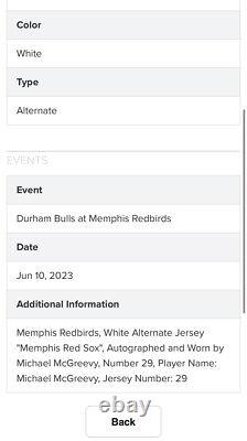 Maillot utilisé et porté par Michael McGreevy signé des Memphis Redbirds avec un hologramme MLB 2023
