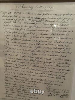 Page écrite à la main du journal signé de Joe DiMaggio encadrée sur mesure avec relique de batte de jeu utilisée.
