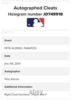 Pete Alonso New York Mets Jeu Cleats D'occasion 2019 Signé Alonso Mlb Loa