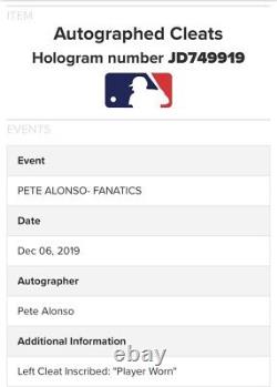Pete Alonso New York Mets Jeu Cleats D'occasion 2019 Signé Alonso Mlb Loa