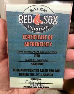 Rafael Devers Jeu Occasionné Et Signé 2016 Salem Red Sox Jersey-photo Matched