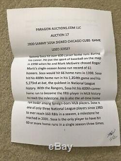 Rare Sammy Sosa Jeu Utilisé Jersey Chicago Cubs 2000 Autographié Signé Loa