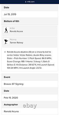 Ronald Acuña - Ballon de baseball signé et autographié, RBI double, utilisé lors du match de 2019, avec certification MLB.