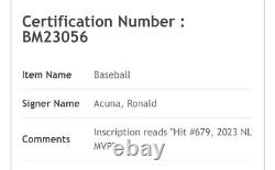 Ronald Acuna Jr 2023 Balle de jeu utilisée signée avec inscription COA MVP #679