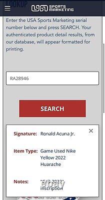 Ronald Acuna Jr. Chaussures de baseball Nike utilisées lors du match des Atlanta Braves 2022, signées USA SM Auth
