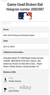 Yordan Alvarez 2019 Alcs Jeu D'autos D'occasion 2019 Al Roy Bat Houston Astros Inscribed